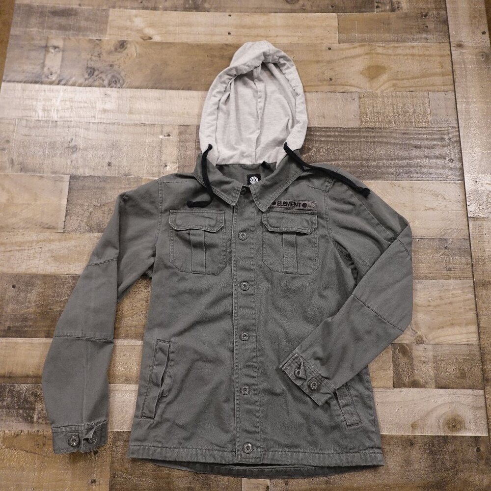 Vintage Element military shirt jacket hooded men's large gray slim skateboarding